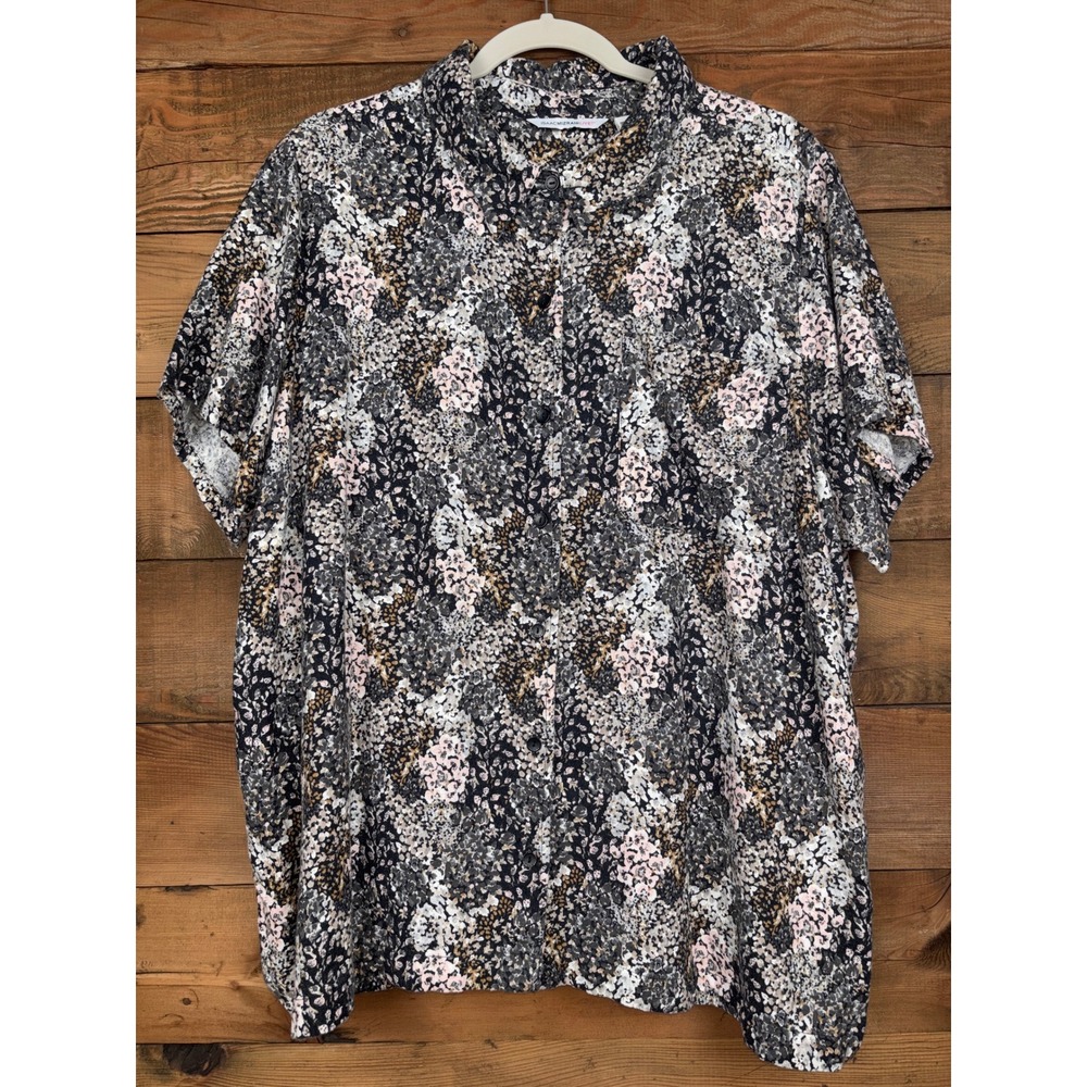 Isaac Mizrahi Live Linen Shirt Womens 2X Floral Short Sleeve Button Front Top
